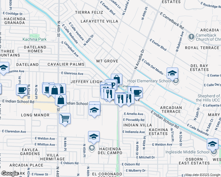 map of restaurants, bars, coffee shops, grocery stores, and more near 4749 East Montecito Avenue in Phoenix