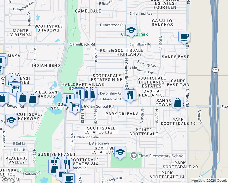 map of restaurants, bars, coffee shops, grocery stores, and more near 8322 East Devonshire Avenue in Scottsdale