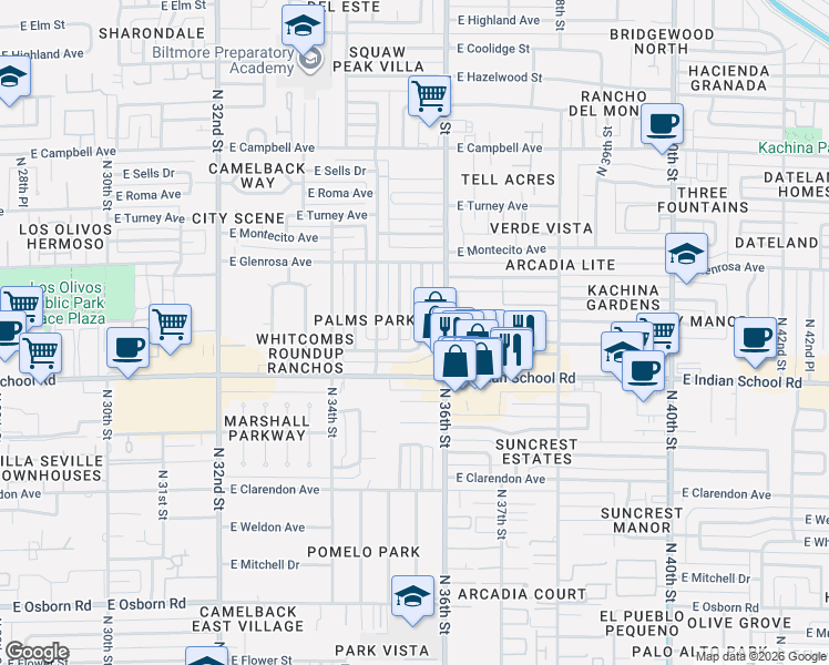 map of restaurants, bars, coffee shops, grocery stores, and more near 4135 North 35th Way in Phoenix
