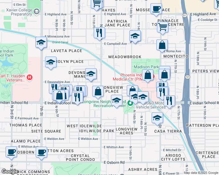map of restaurants, bars, coffee shops, grocery stores, and more near 4150 North Longview Avenue in Phoenix