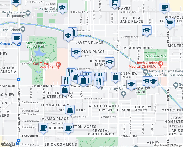 map of restaurants, bars, coffee shops, grocery stores, and more near 4201 North 10th Street in Phoenix