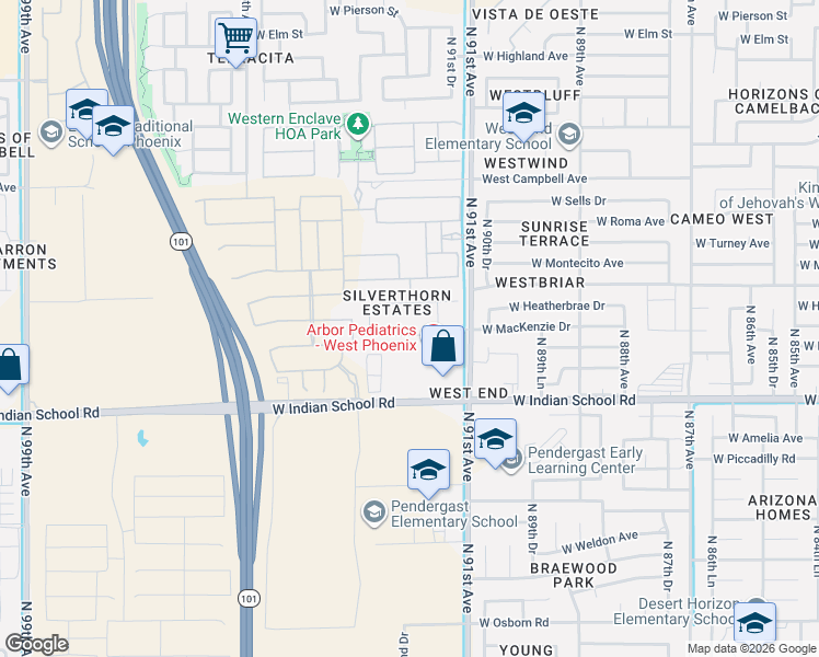 map of restaurants, bars, coffee shops, grocery stores, and more near 9134 West Mackenzie Drive in Phoenix