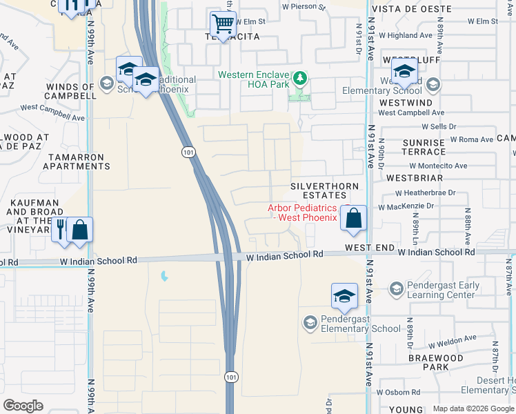 map of restaurants, bars, coffee shops, grocery stores, and more near 4202 North 92nd Lane in Phoenix