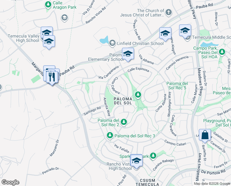 map of restaurants, bars, coffee shops, grocery stores, and more near 43153 Corte Cabrera in Temecula