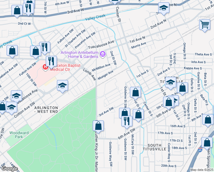 map of restaurants, bars, coffee shops, grocery stores, and more near 208-328 1st Avenue Southwest in Birmingham