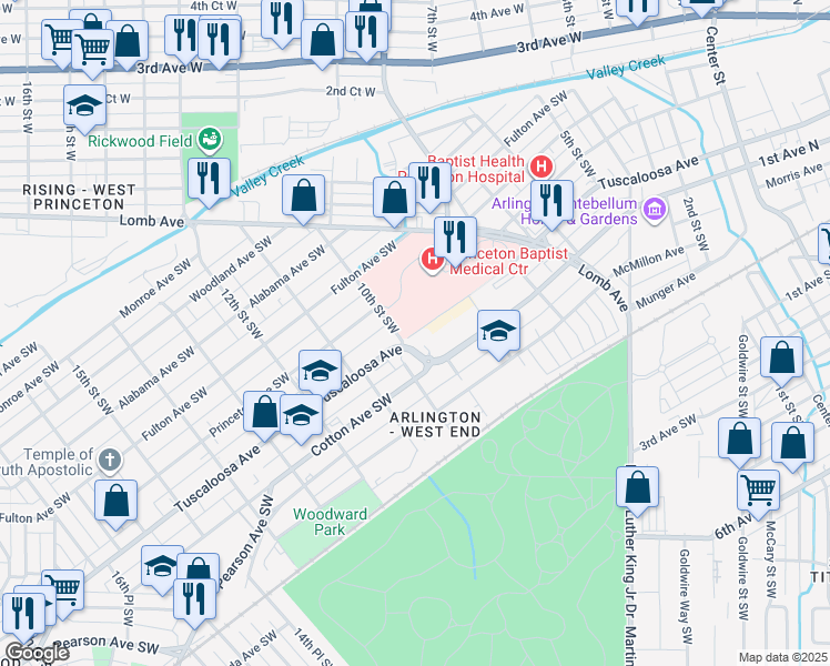 map of restaurants, bars, coffee shops, grocery stores, and more near 628 10th Street Southwest in Birmingham