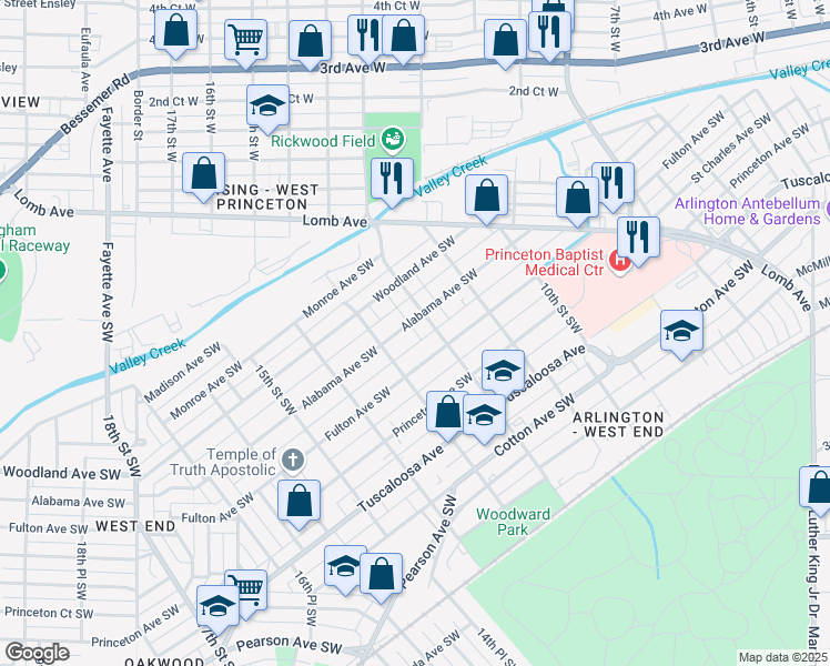 map of restaurants, bars, coffee shops, grocery stores, and more near 416 12th Street Southwest in Birmingham
