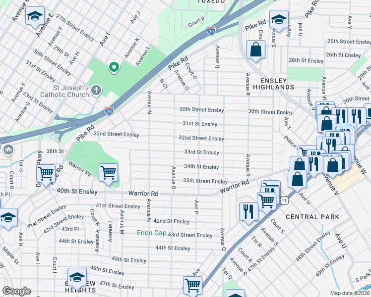 map of restaurants, bars, coffee shops, grocery stores, and more near 1524 33rd Street Ensley in Birmingham