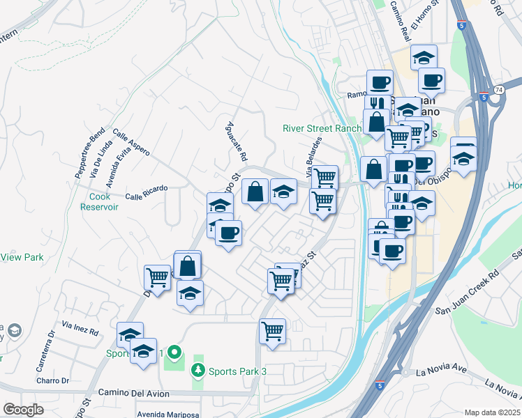 map of restaurants, bars, coffee shops, grocery stores, and more near 32111 Via De Aguila in San Juan Capistrano