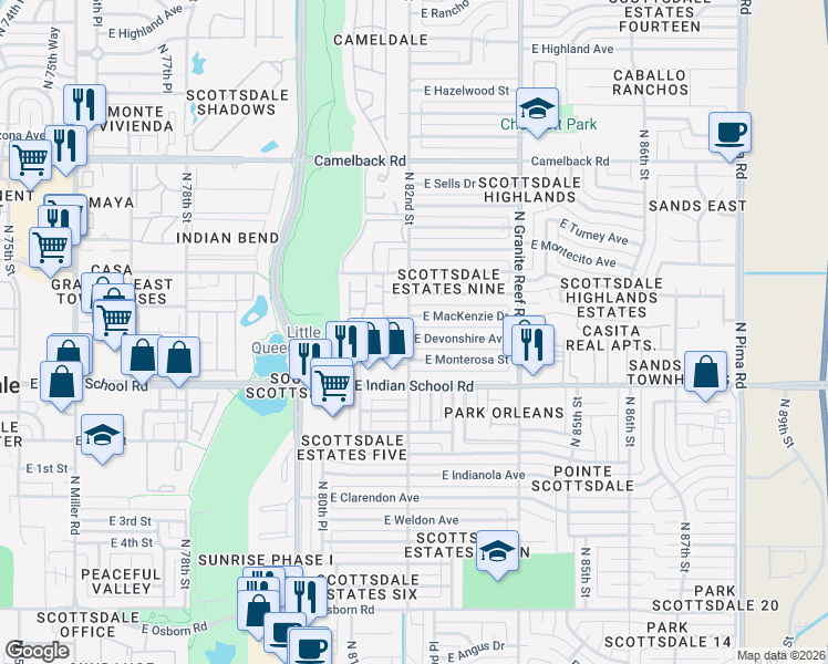 map of restaurants, bars, coffee shops, grocery stores, and more near 8206 East Devonshire Avenue in Scottsdale