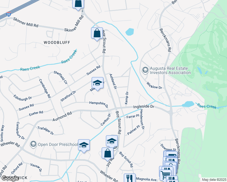 map of restaurants, bars, coffee shops, grocery stores, and more near 419 Ashland Drive in Augusta