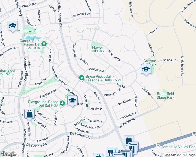 map of restaurants, bars, coffee shops, grocery stores, and more near 43041 Noble Court in Temecula