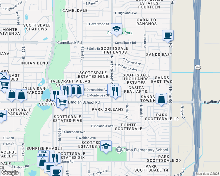 map of restaurants, bars, coffee shops, grocery stores, and more near 8346 East Devonshire Avenue in Scottsdale