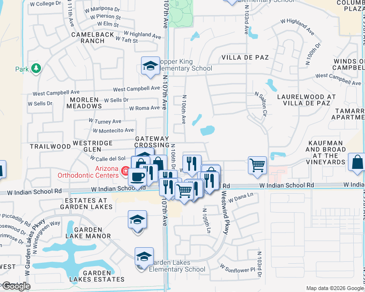 map of restaurants, bars, coffee shops, grocery stores, and more near 10605 West Heatherbrae Drive in Phoenix