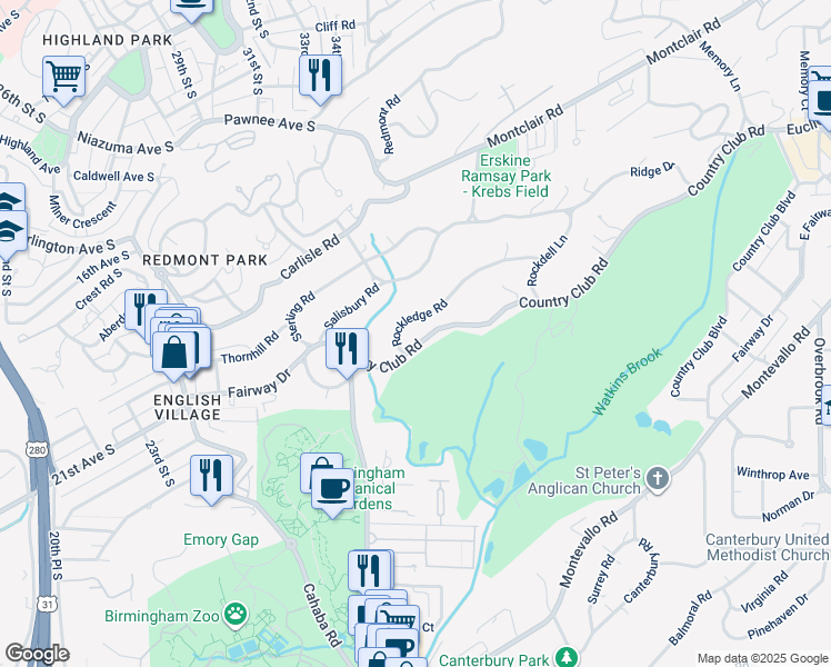 map of restaurants, bars, coffee shops, grocery stores, and more near 3212 Country Club Road in Mountain Brook
