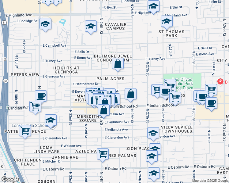 map of restaurants, bars, coffee shops, grocery stores, and more near 4150 North 25th Street in Phoenix