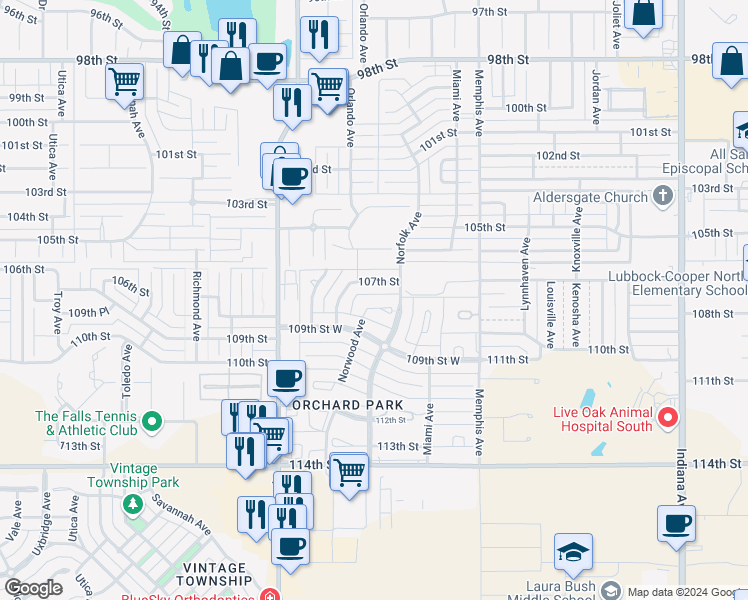 map of restaurants, bars, coffee shops, grocery stores, and more near 10806 Norwood Ave in Lubbock