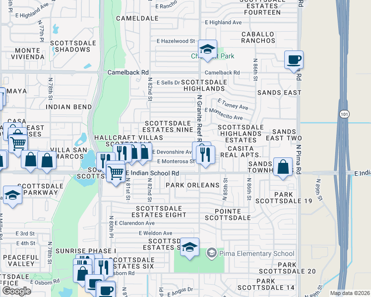 map of restaurants, bars, coffee shops, grocery stores, and more near 8322 East Devonshire Avenue in Scottsdale