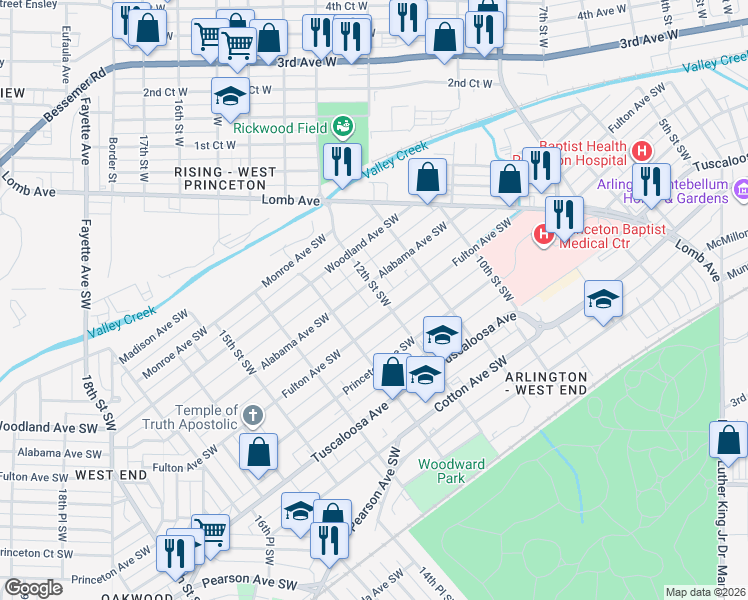 map of restaurants, bars, coffee shops, grocery stores, and more near 412 12th Street Southwest in Birmingham