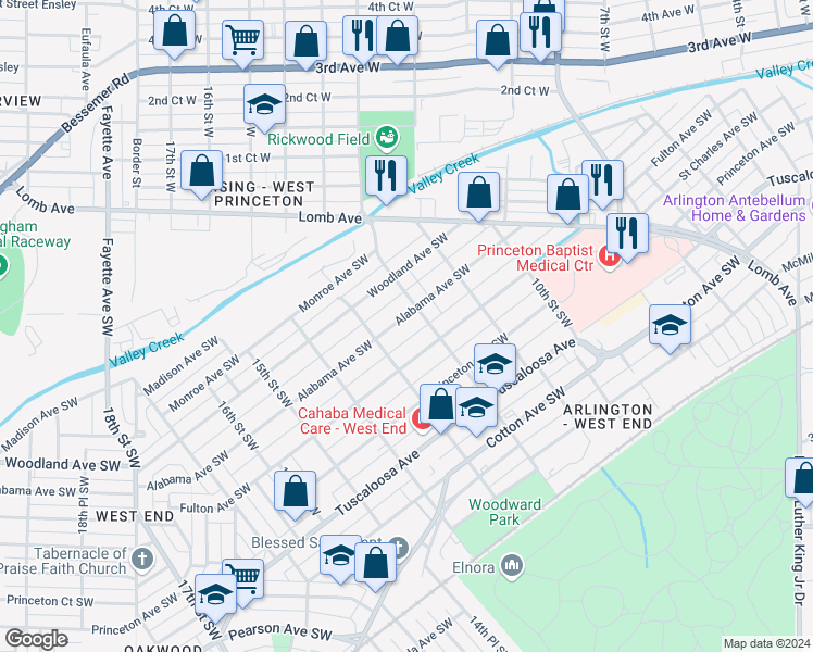map of restaurants, bars, coffee shops, grocery stores, and more near 1213 Alabama Avenue Southwest in Birmingham
