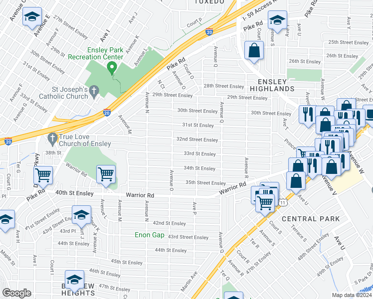 map of restaurants, bars, coffee shops, grocery stores, and more near 1524 33rd Street Ensley in Birmingham