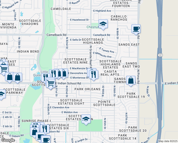 map of restaurants, bars, coffee shops, grocery stores, and more near 8346 East Devonshire Avenue in Scottsdale