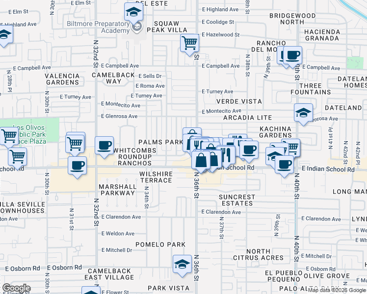 map of restaurants, bars, coffee shops, grocery stores, and more near 4135 North 35th Way in Phoenix