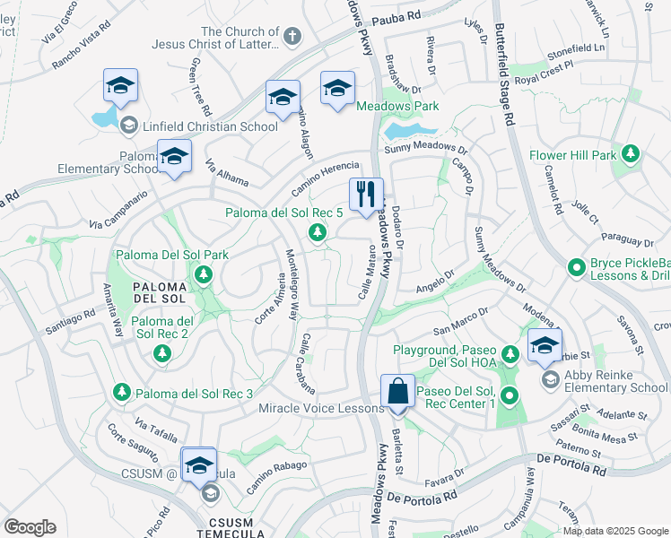 map of restaurants, bars, coffee shops, grocery stores, and more near 43186 Corte Argento in Temecula