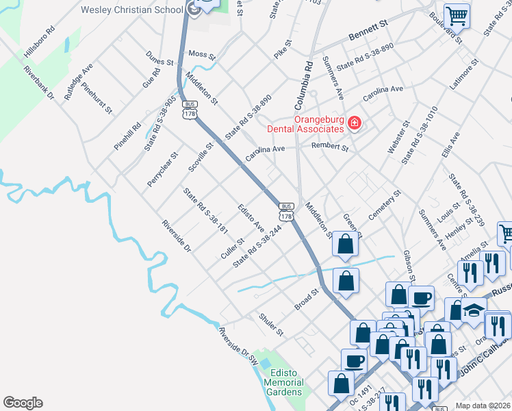map of restaurants, bars, coffee shops, grocery stores, and more near 1020 State Road S-38-1825 in Orangeburg