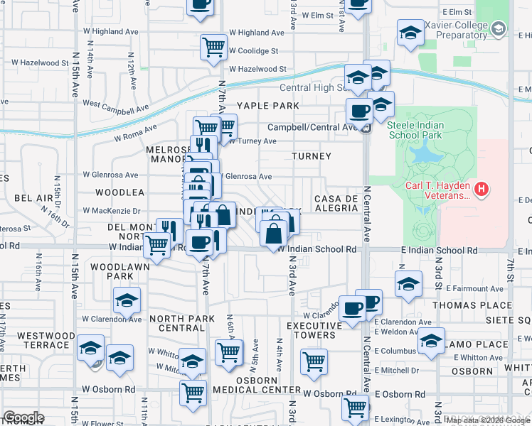 map of restaurants, bars, coffee shops, grocery stores, and more near 4151 4th Avenue Northwest in Phoenix