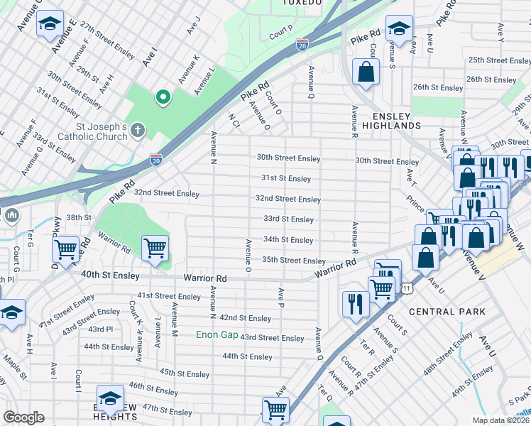 map of restaurants, bars, coffee shops, grocery stores, and more near 1524 33rd Street Ensley in Birmingham