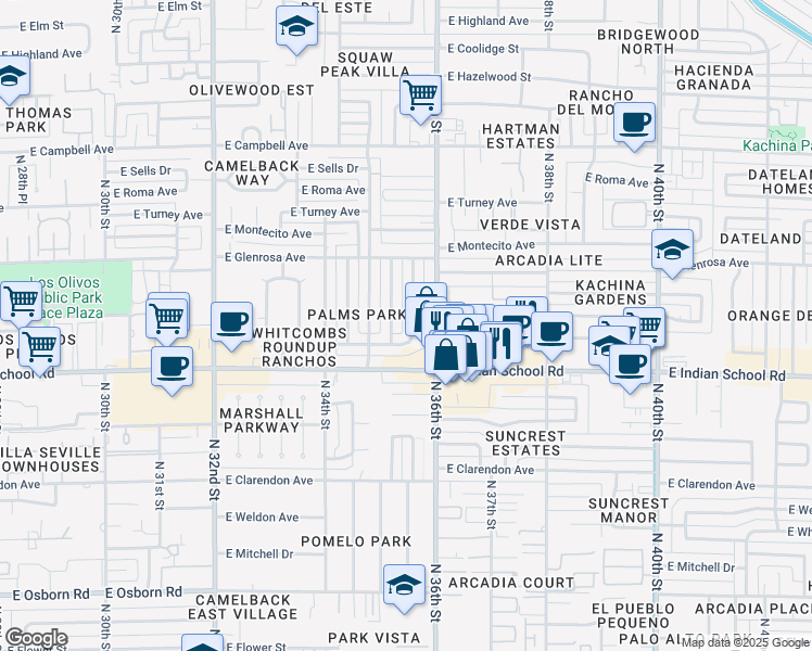 map of restaurants, bars, coffee shops, grocery stores, and more near 4140 North 35th Way in Phoenix