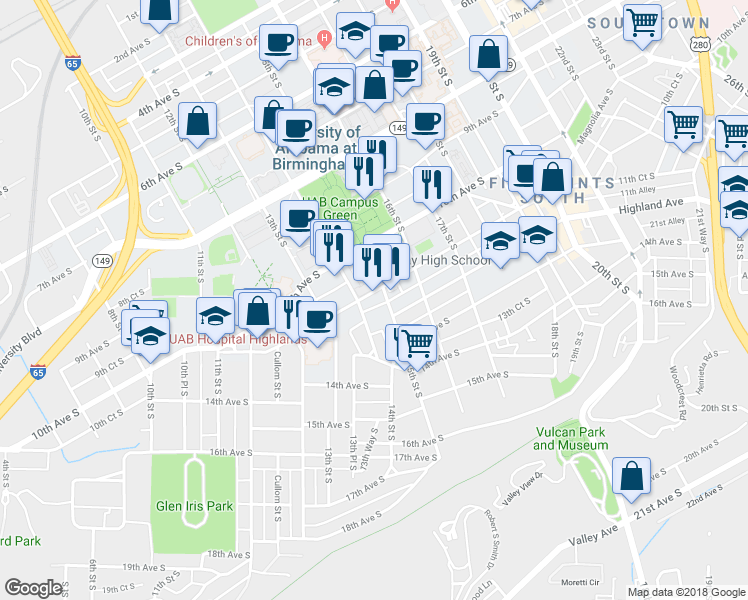 map of restaurants, bars, coffee shops, grocery stores, and more near 1429 11th Avenue South in Birmingham
