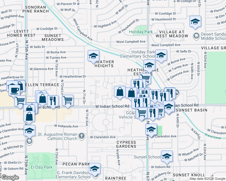 map of restaurants, bars, coffee shops, grocery stores, and more near 6901 West Devonshire Avenue in Phoenix