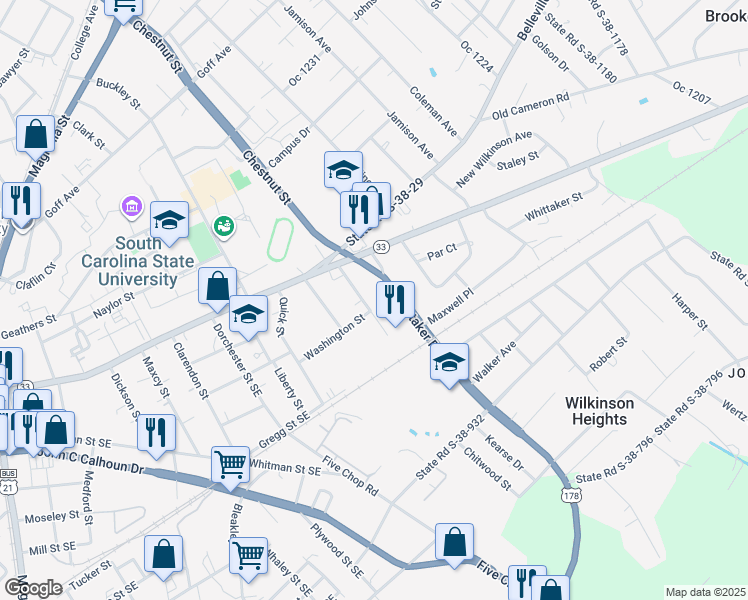 map of restaurants, bars, coffee shops, grocery stores, and more near 269 State Road S-38-773 in Orangeburg