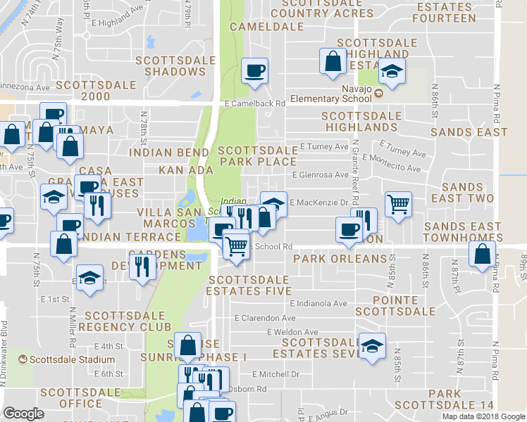 map of restaurants, bars, coffee shops, grocery stores, and more near 4161 North 81st Street in Scottsdale