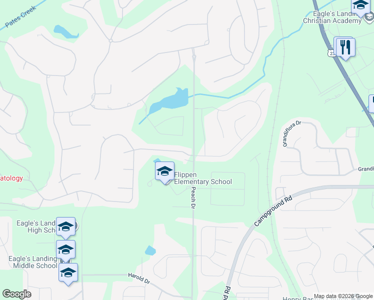 map of restaurants, bars, coffee shops, grocery stores, and more near 104 Southgate Boulevard in McDonough