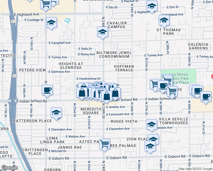 map of restaurants, bars, coffee shops, grocery stores, and more near 2345 East Devonshire Avenue in Phoenix
