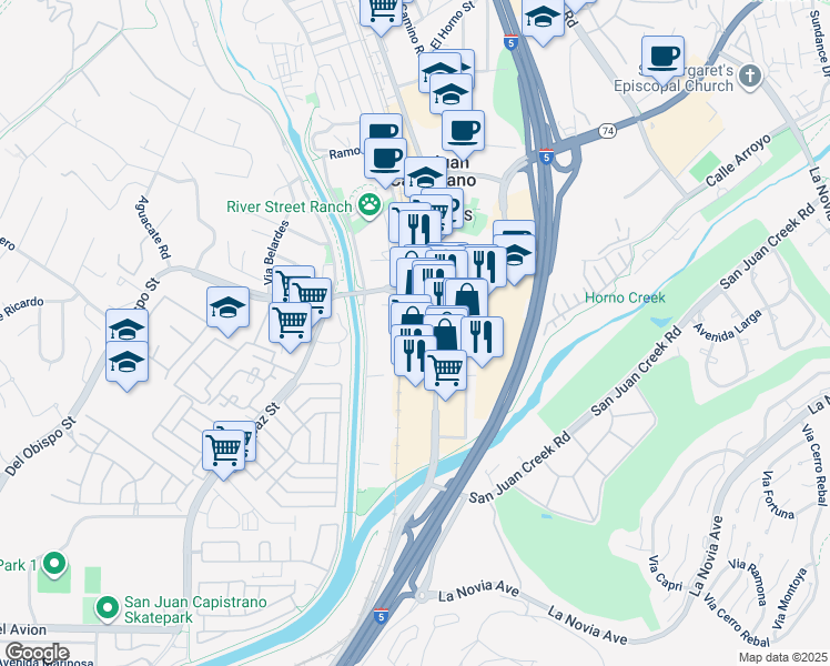 map of restaurants, bars, coffee shops, grocery stores, and more near 32119 Camino Capistrano in San Juan Capistrano