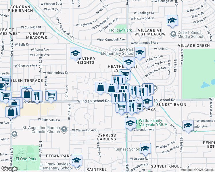 map of restaurants, bars, coffee shops, grocery stores, and more near 6809 West Monterosa Street in Phoenix
