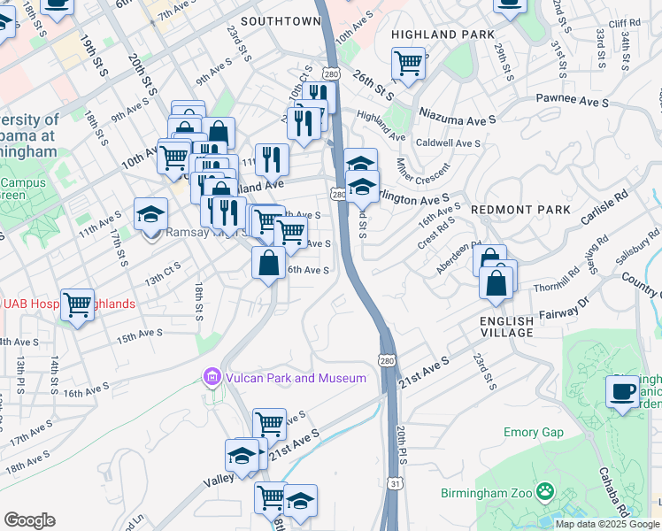 map of restaurants, bars, coffee shops, grocery stores, and more near 2152 16th Avenue South in Birmingham