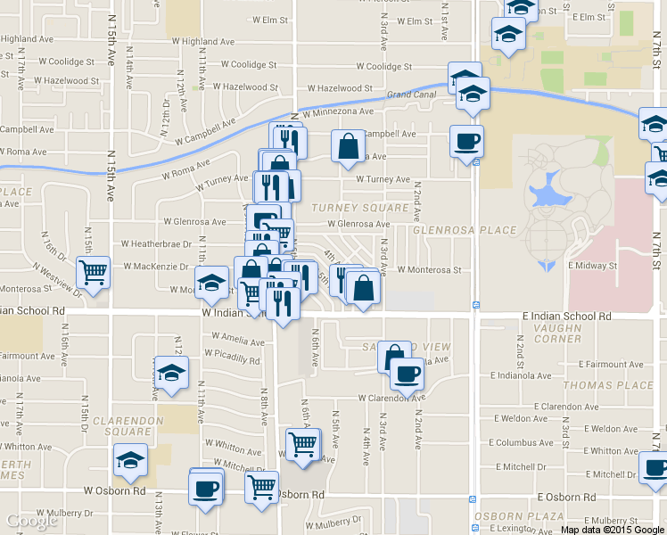 map of restaurants, bars, coffee shops, grocery stores, and more near 4202 N 4th Ave in Phoenix