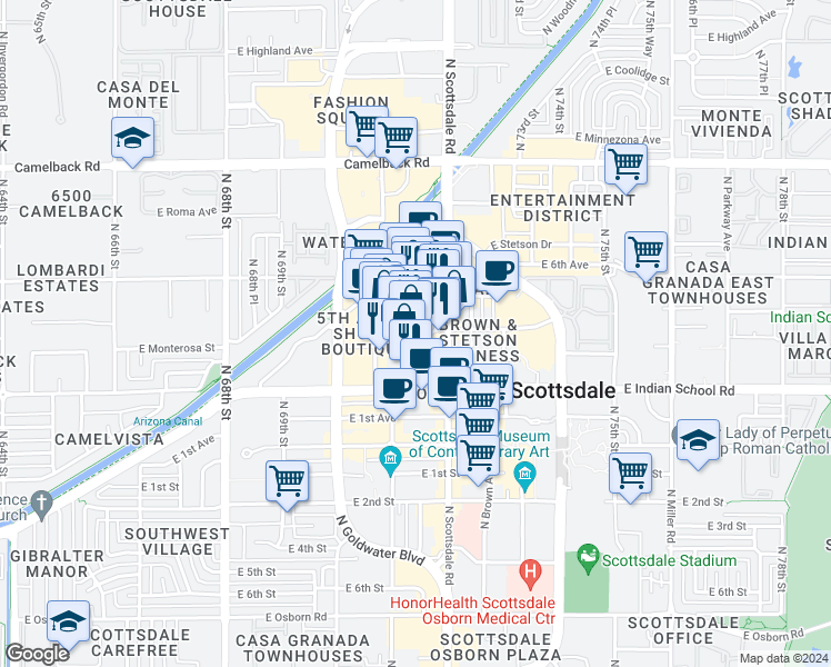 map of restaurants, bars, coffee shops, grocery stores, and more near 7178 East 3rd Avenue in Scottsdale