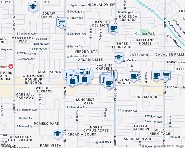 map of restaurants, bars, coffee shops, grocery stores, and more near 3818 East Monterosa Street in Phoenix