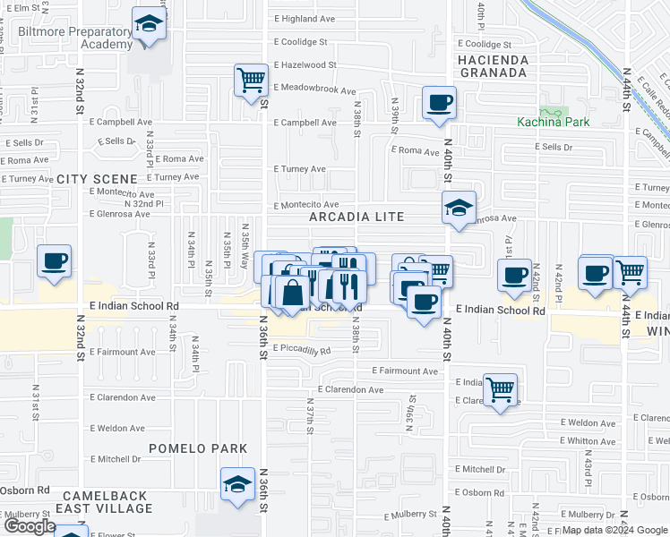 map of restaurants, bars, coffee shops, grocery stores, and more near 3740 East Monterosa Street in Phoenix