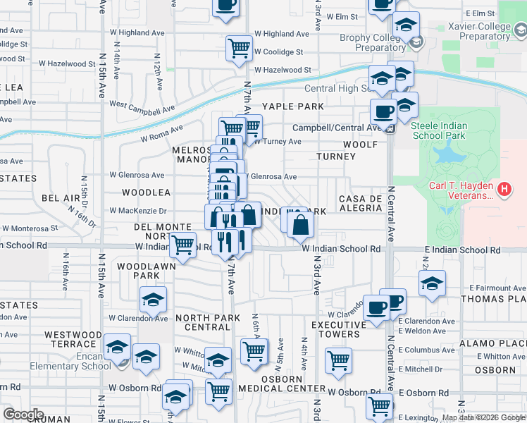 map of restaurants, bars, coffee shops, grocery stores, and more near 4212 North 5th Avenue in Phoenix