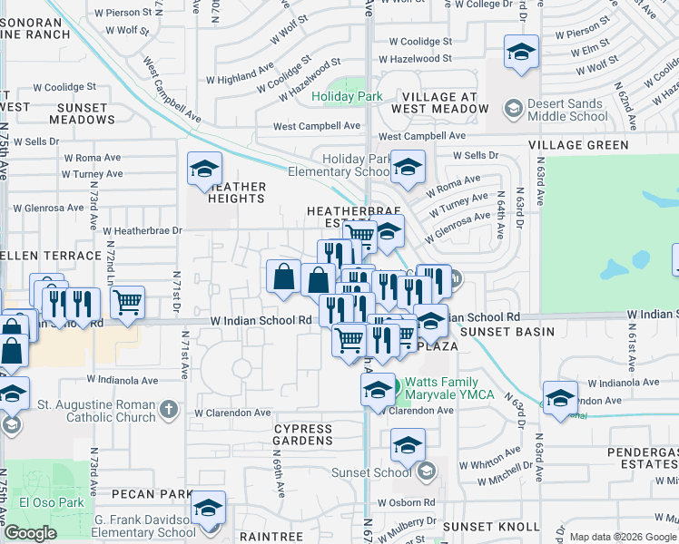 map of restaurants, bars, coffee shops, grocery stores, and more near 6737 West Devonshire Avenue in Phoenix