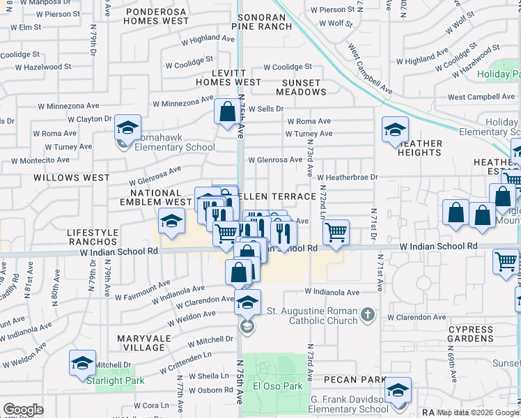 map of restaurants, bars, coffee shops, grocery stores, and more near 4137 North 74th Drive in Phoenix
