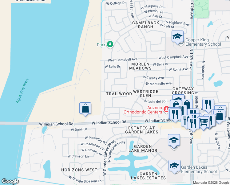 map of restaurants, bars, coffee shops, grocery stores, and more near 11208 West Heatherbrae Drive in Phoenix