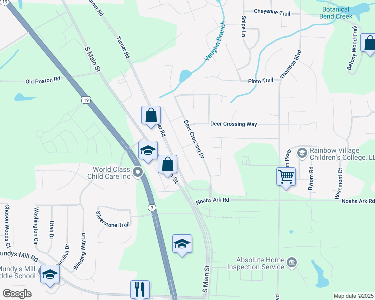 map of restaurants, bars, coffee shops, grocery stores, and more near 9482 Deer Crossing Lane in Jonesboro